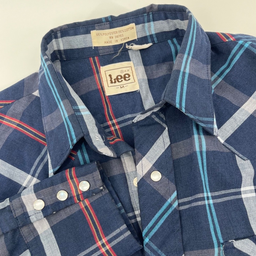 Lee Western Shirt Mens Medium Blue Plaid Pearl Snap Long Sleeve Vintage